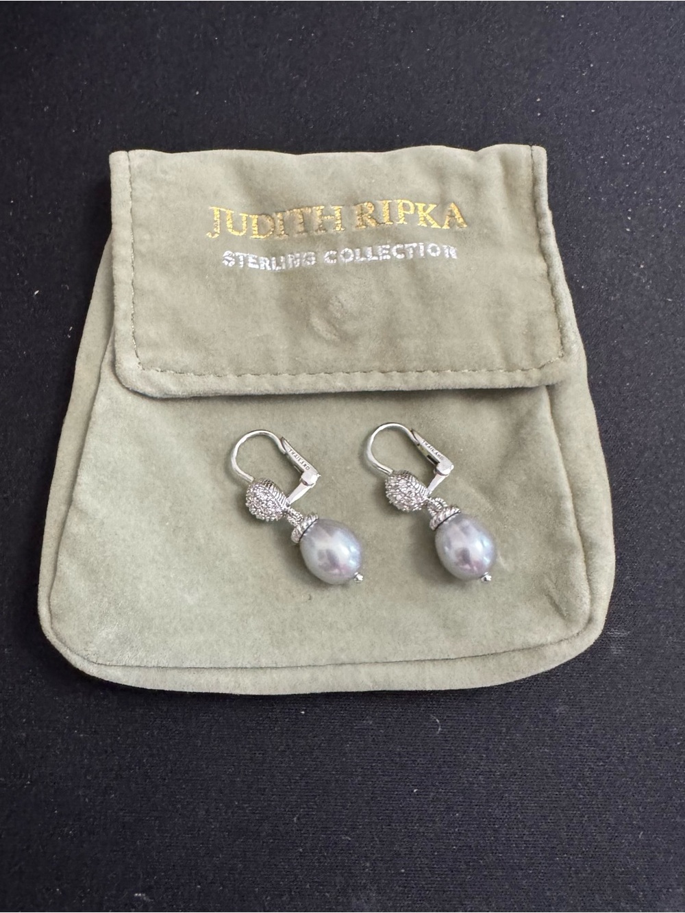 Judith Ripka Sterling Silver Gray Pearl Drop Earrings with Diamonique Accents - Picture 7 of 8
